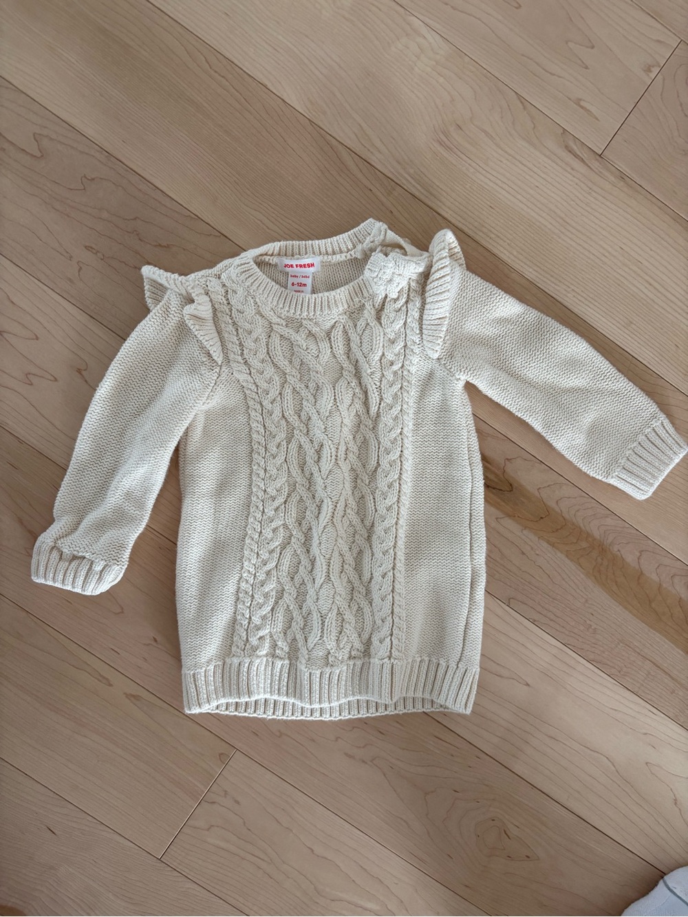 Joe Fresh Cream Cable-Knit Ruffle Shoulder Sweater Dress